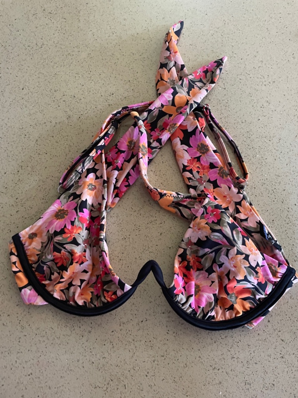 For Love And Lemons Floral Halter Bikini Top - Pink, Orange & Black